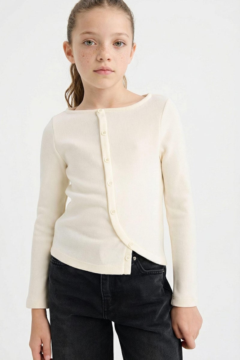 DeFacto Beige Girl Girl Crew Neck Buttoned Long Sleeve T-Shirt Casual - Image 3